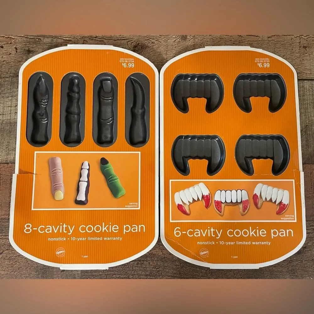 2- New WILTON Halloween Spooky Fingers & Vampire Teeth Cookie Pans Molds